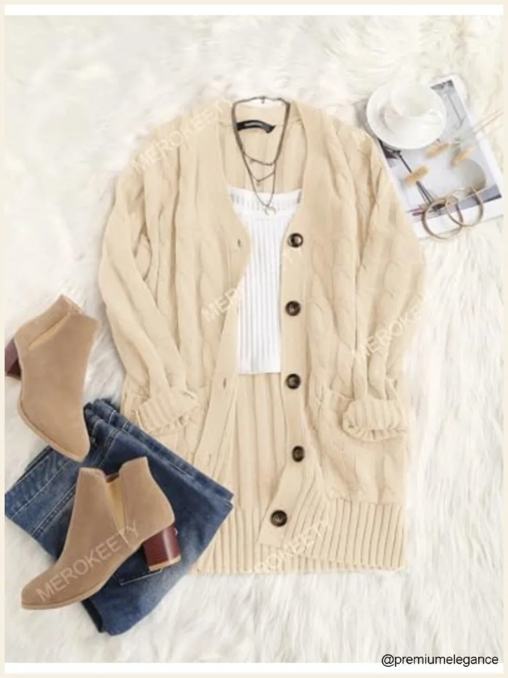 Acrylic Cable Knit Cardigan Sweater Long Sleeve Button Down V-Neck